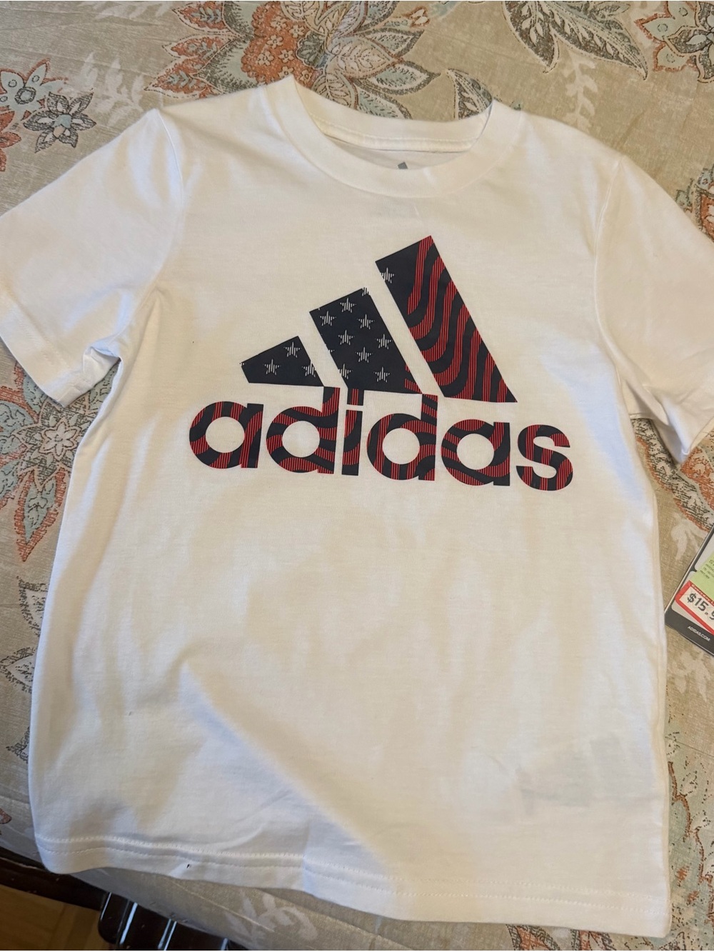 🦋adidas White Tee with Red & Blue Flag Logo
